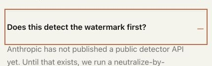 Claude Watermark Remover首页FAQ截图：网站说明Anthropic尚未公开检测API