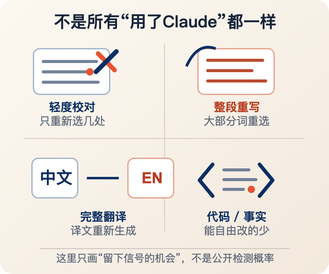 轻度校对、整段重写、完整翻译和代码事实文本，留下统计信号的机会不同